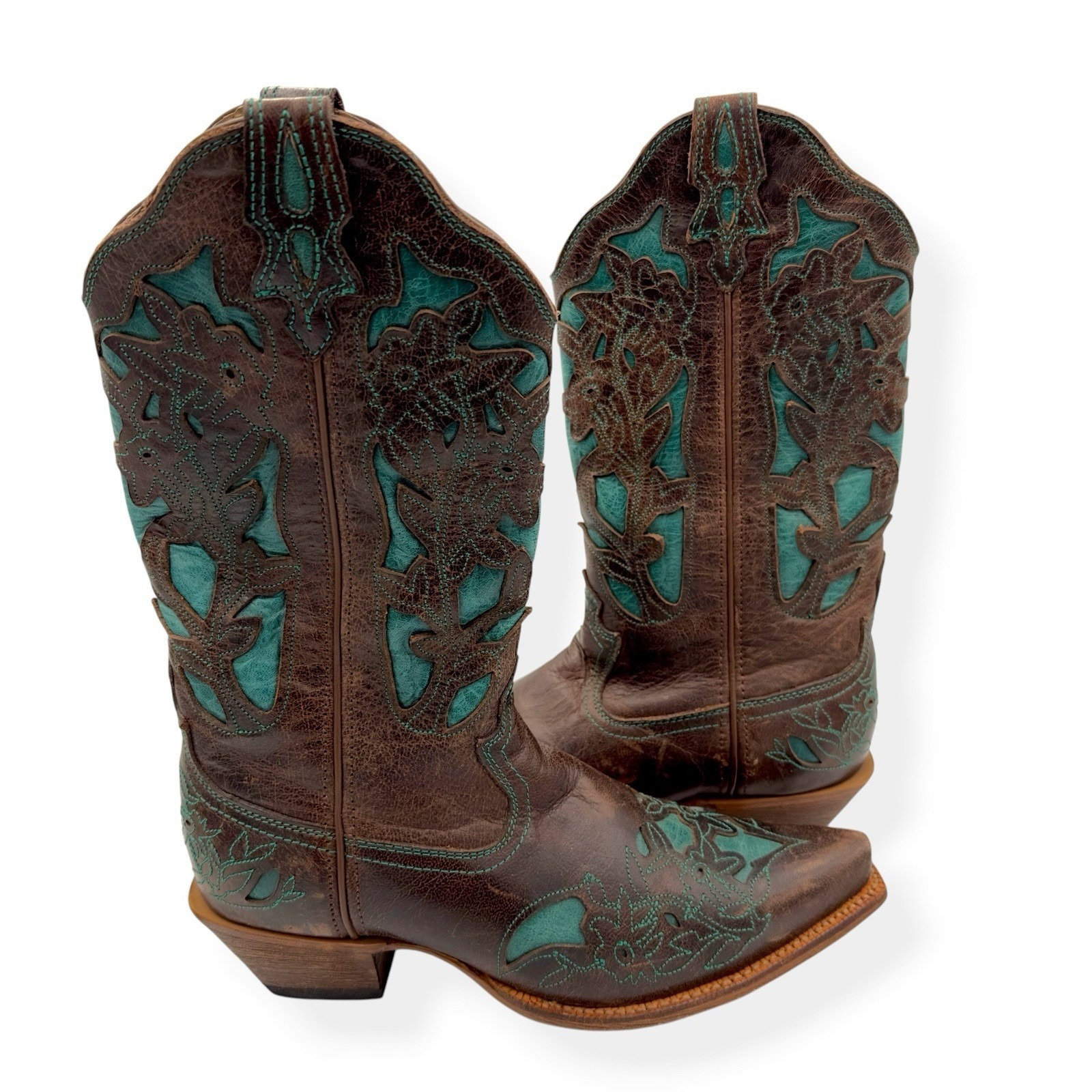 Twisted X Cowboy Boots Women 10b Brown Turquoise Leather Inlay Western Snip Toe